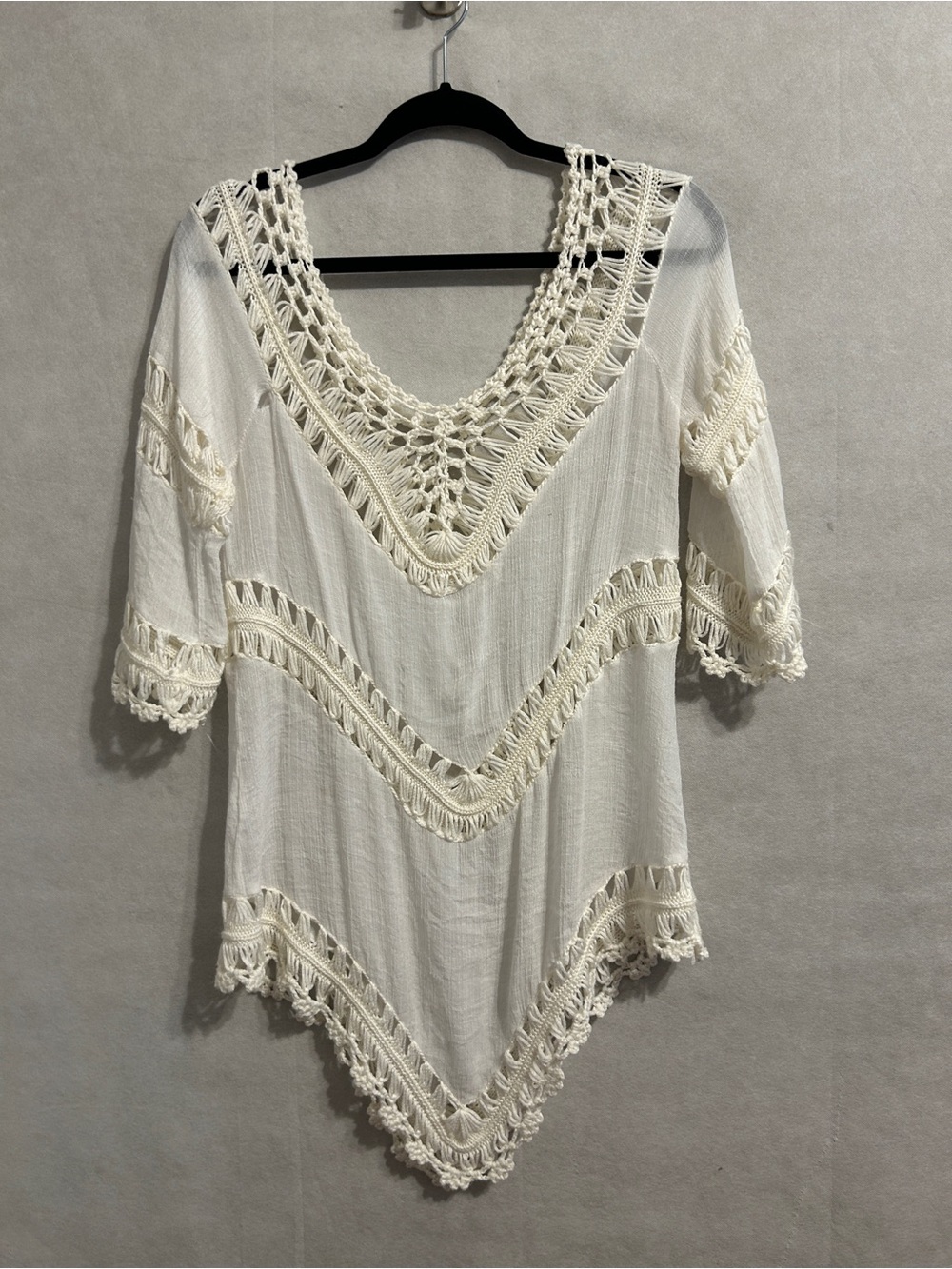 oho Crochet Lace Cream Tunic Top Size M Cottagecore Festival Beachy Sheer Blouse - Picture 5 of 5